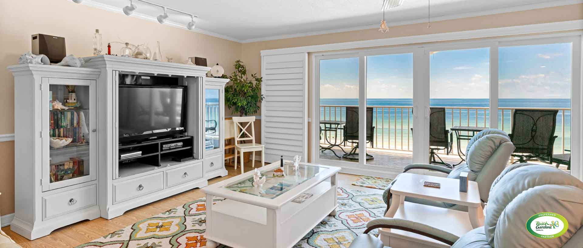 vacation home living room with beach balcony