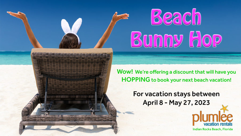Lady wearing bunny ears sitting on the beach. We're offering a discount that will have you HOPPING to your next beach vacation!