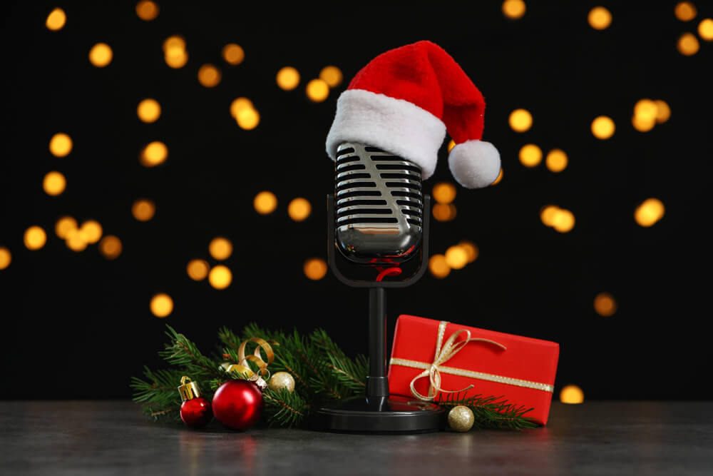 View of microphone with holiday decor for holiday concerts in Tampa Bay Area
