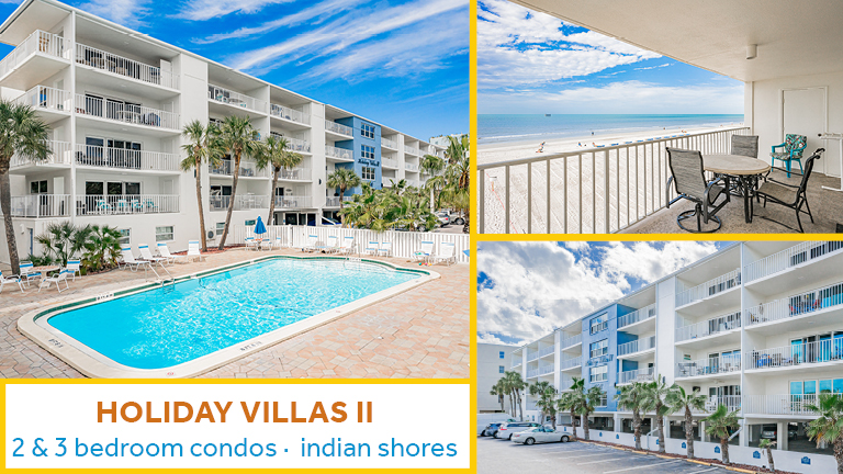 Collage showing pictures of the Holiday Villas II beach condo building on Indian Shores, Florida.