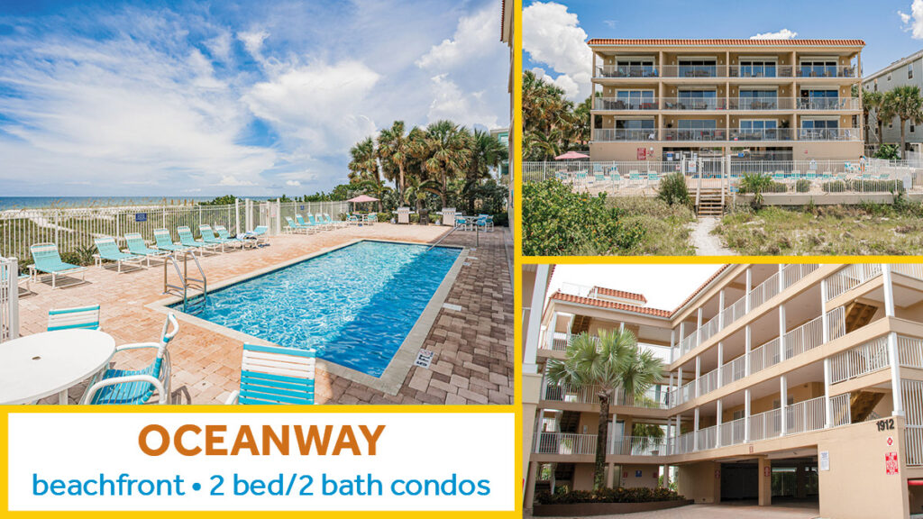 Oceanway_16x9 Collage showing the pool and exterior of the Oceanway building in Indian Rocks Beach, FL.