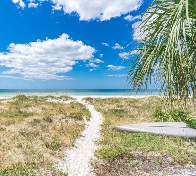 Sandy path with palm tree leading to Indian Rocks Beach, Florida | Plumlee Vacation Rentals