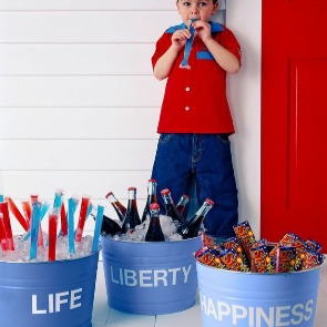 Decorative buckets that say life, liberty and happiness | Plumlee Indian Rocks Beach rentals