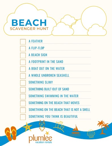 Free printable beach scavenger hunt | Plumlee Gulf Beach Vacation Rentals in Indian Beach, Florida