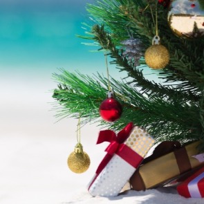 Christmas tree and presents on the beach | Plumlee Realty